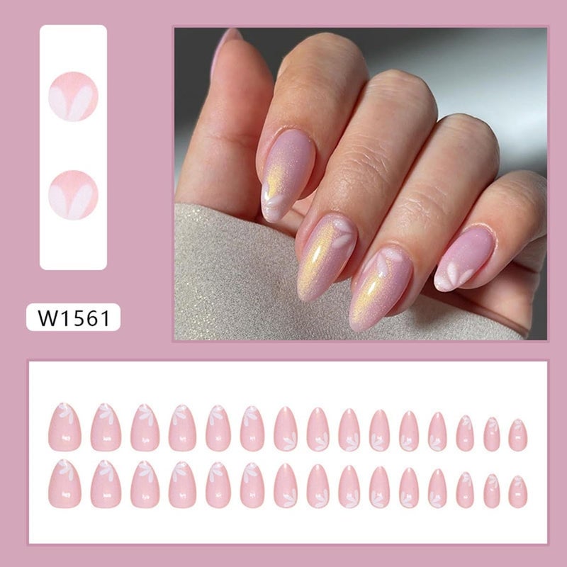 CTTHNBD Short Press Almond Pink False Nails with Cute Flower Design - Glitter Acrylic Glossy Full Cover Glue on Shiny Artificial Nails for Women's Manicure - 30Pcs - Image 2